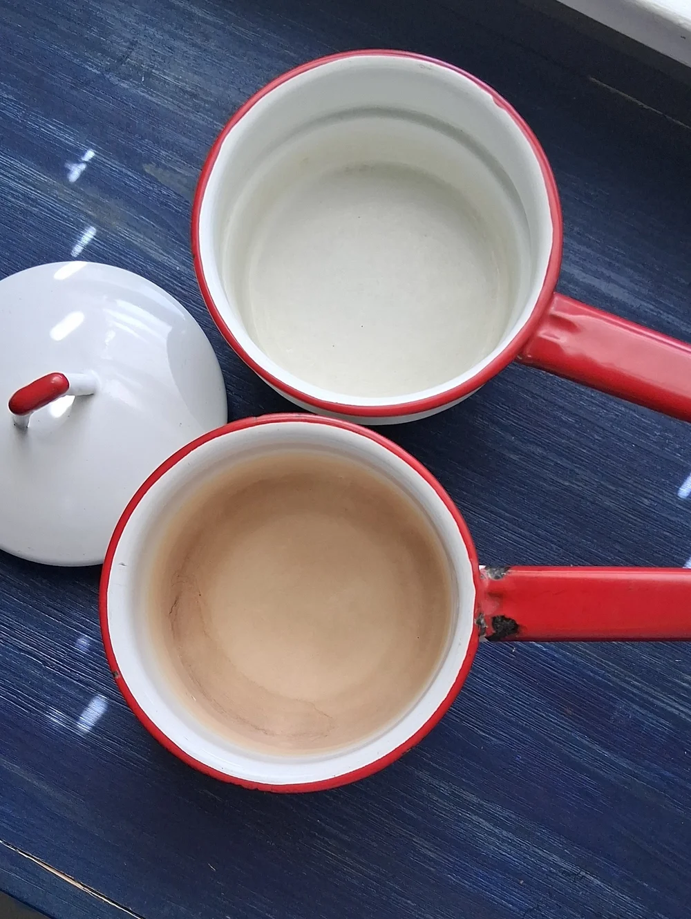 Vintage White Enamel Double Boiler with Red Trim and Handles